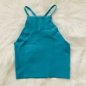 Forever 21 aqua blue knit cross open back fitted tank crop top